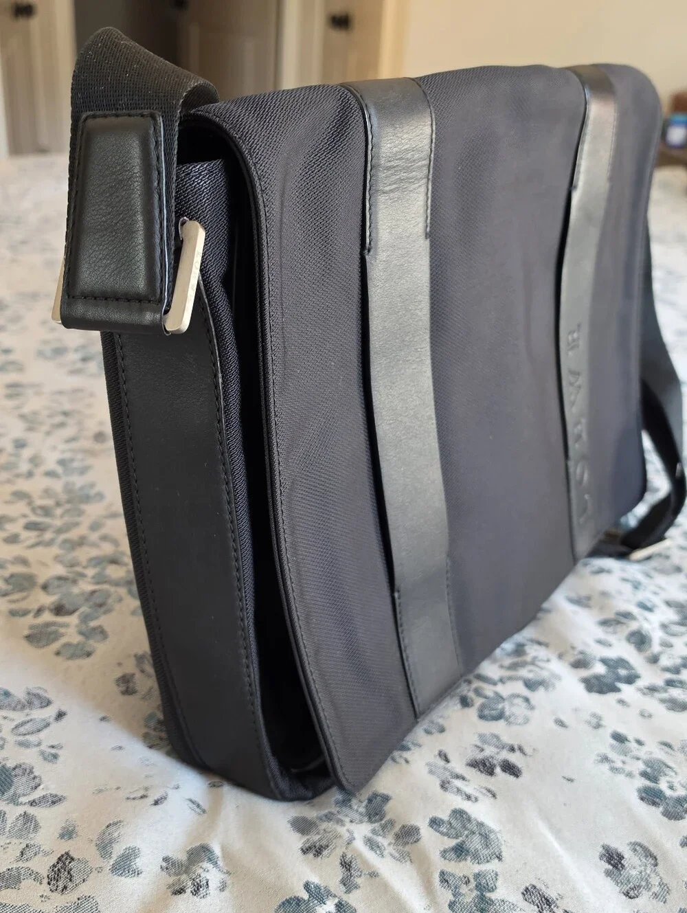 Authentic Loewe Navy-Black Messenger Bag with Leather Trim